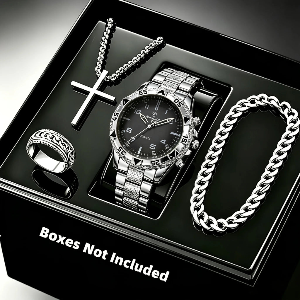 Ensemble Montre Homme 4 pièces – Montre à quartz, collier croix, bracelet et bague
