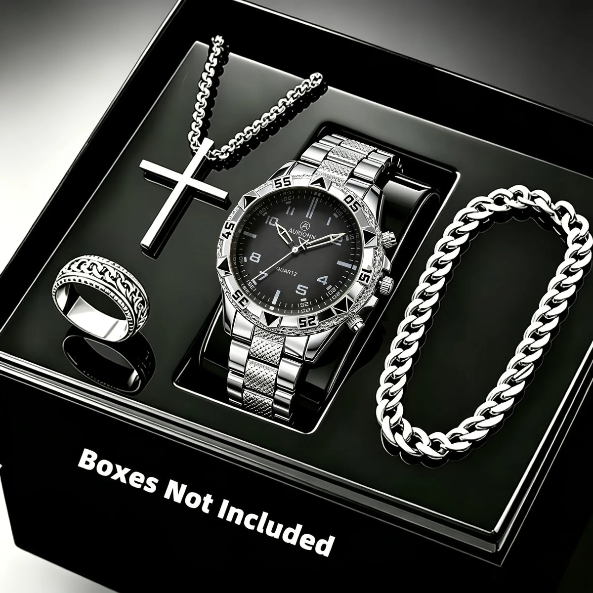 Ensemble Montre Homme 4 pièces – Montre à quartz, collier croix, bracelet et bague