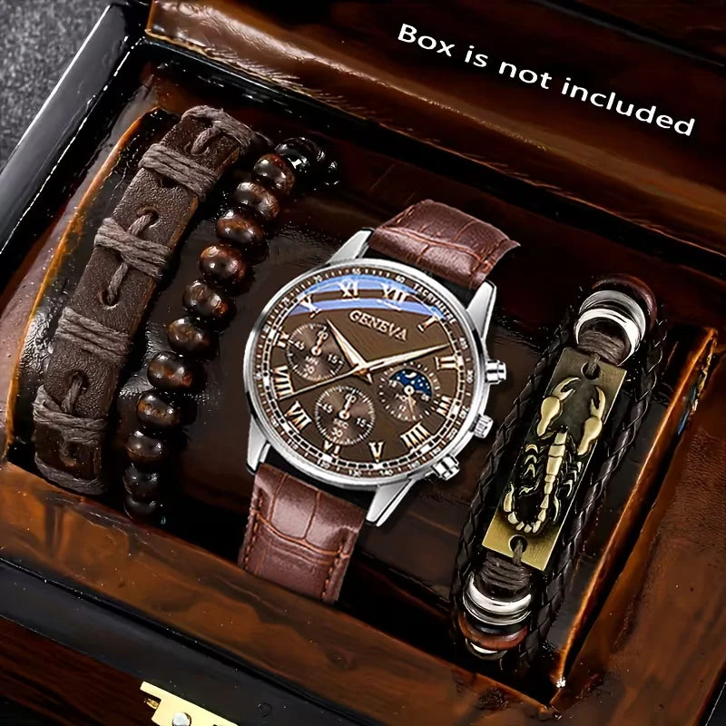 Montre Homme Cuir Marron – Chiffres romains, quartz, ensemble 5 pièces