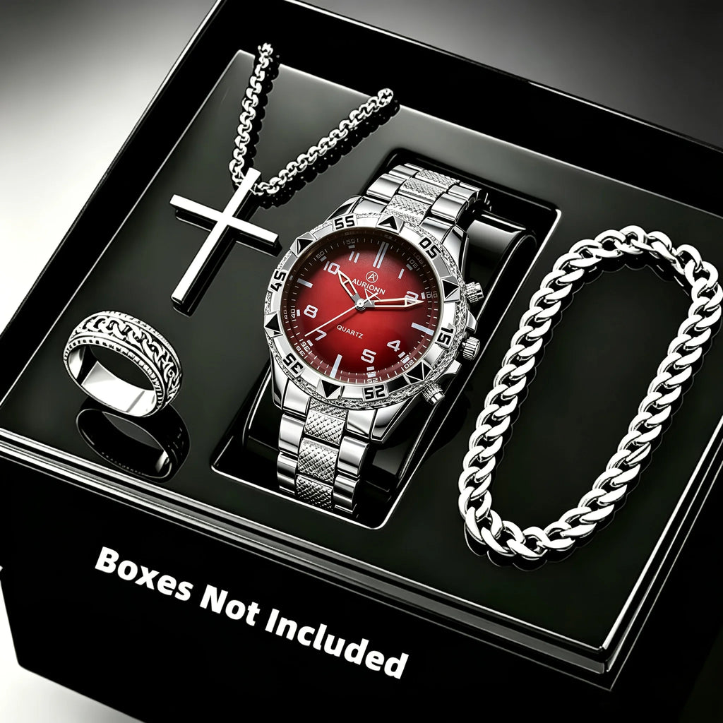 Ensemble Montre Homme 4 pièces – Montre à quartz, collier croix, bracelet et bague