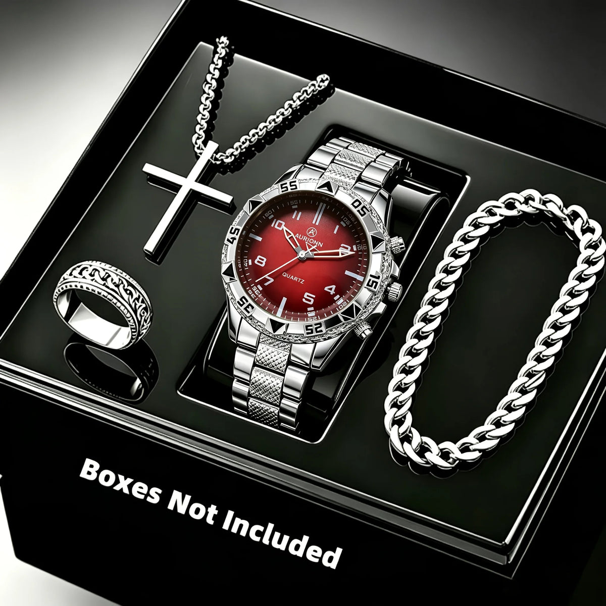 Ensemble Montre Homme 4 pièces – Montre à quartz, collier croix, bracelet et bague