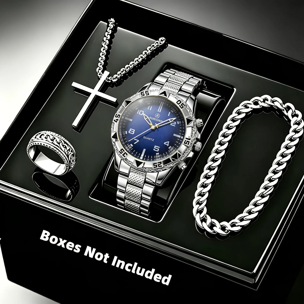 Ensemble Montre Homme 4 pièces – Montre à quartz, collier croix, bracelet et bague