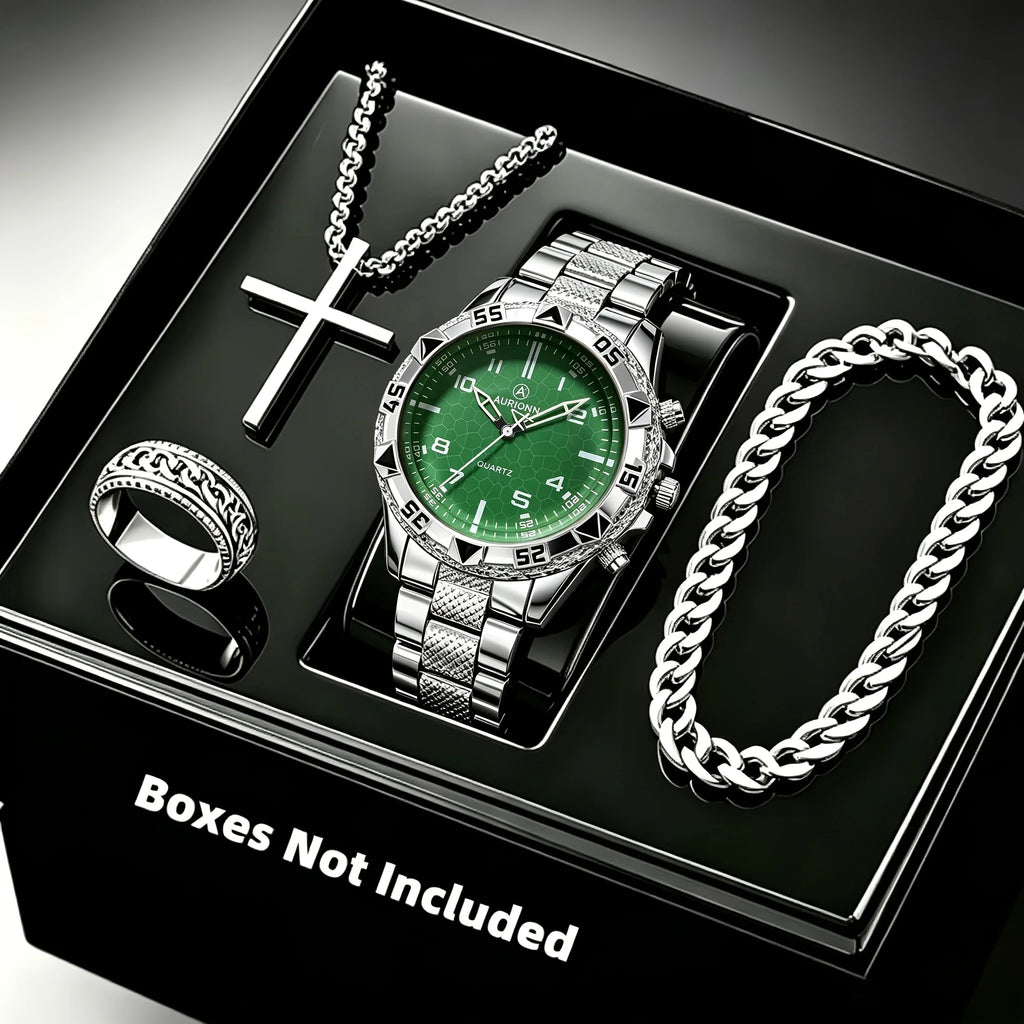 Ensemble Montre Homme 4 pièces – Montre à quartz, collier croix, bracelet et bague